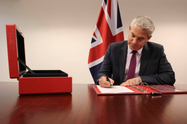 Steve Barclay signing the EU withdrawal agreement as Sceretary of State for Exiting the European Union, 2020